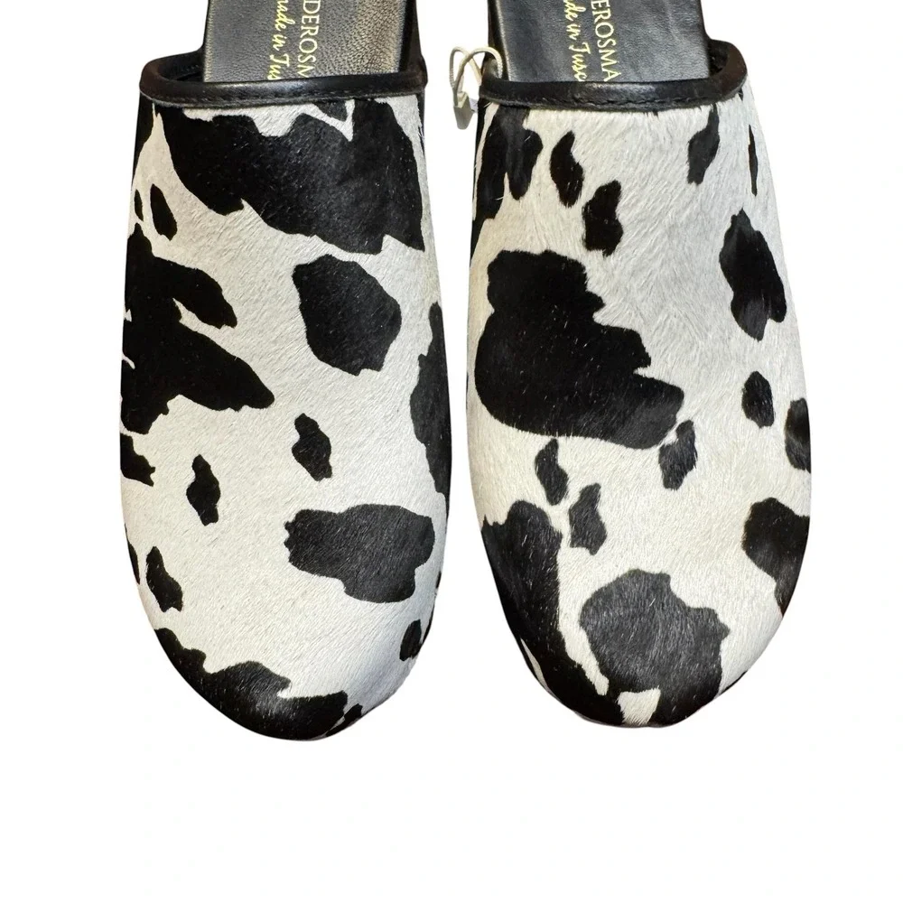 Verderosmarino Shoes Womens Size 7.5 Black Cow Print Leather Wedge Mules